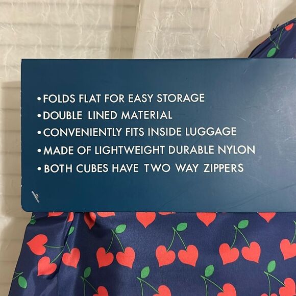 DL Cherry Print Blue Pink Green Red Gold Tone 2 Piece Travel Packing Cube Set - Picture 7 of 8